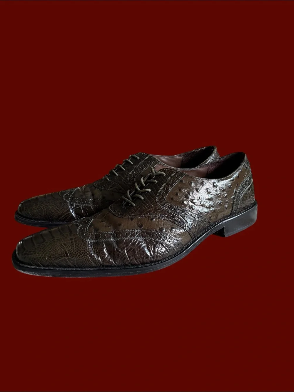 Stacy Adams Men's Olive Green Ostrich Print Wingtip Oxford Dress Shoes Size 13